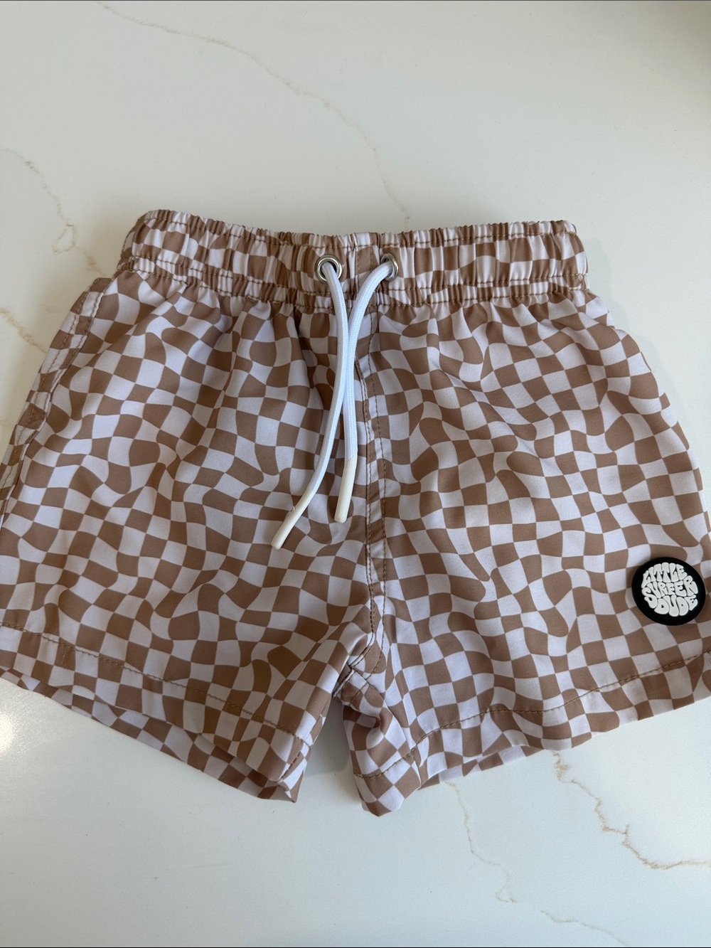 Checkerboard Kids Swim Trunks - Brown/White